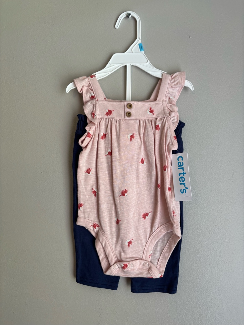Carter's Pink Floral Ruffle Tank Bodysuit with Navy Bottoms
